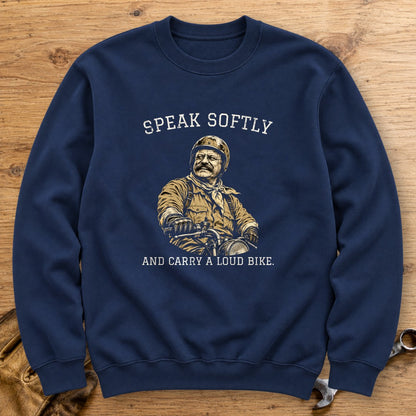 Theodore Roosevelt Speak Softly Loud Bike Crewneck Sweatshirt - Navy - bench