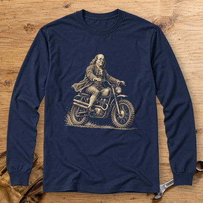 Benjamin Franklin on the Dirt Long Sleeve T-Shirt - Navy - bench