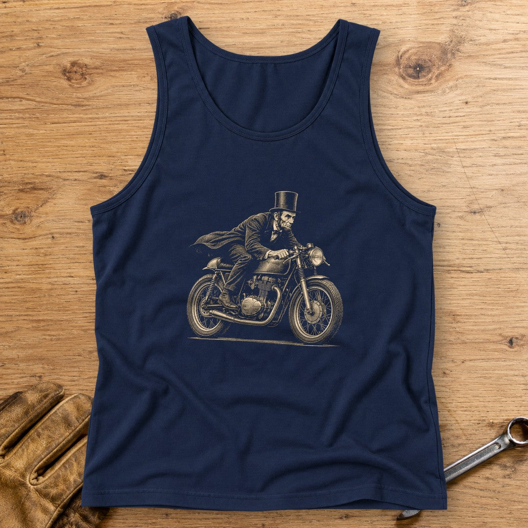 Abraham Lincoln Cafe Racer Tank Top - Navy - bench