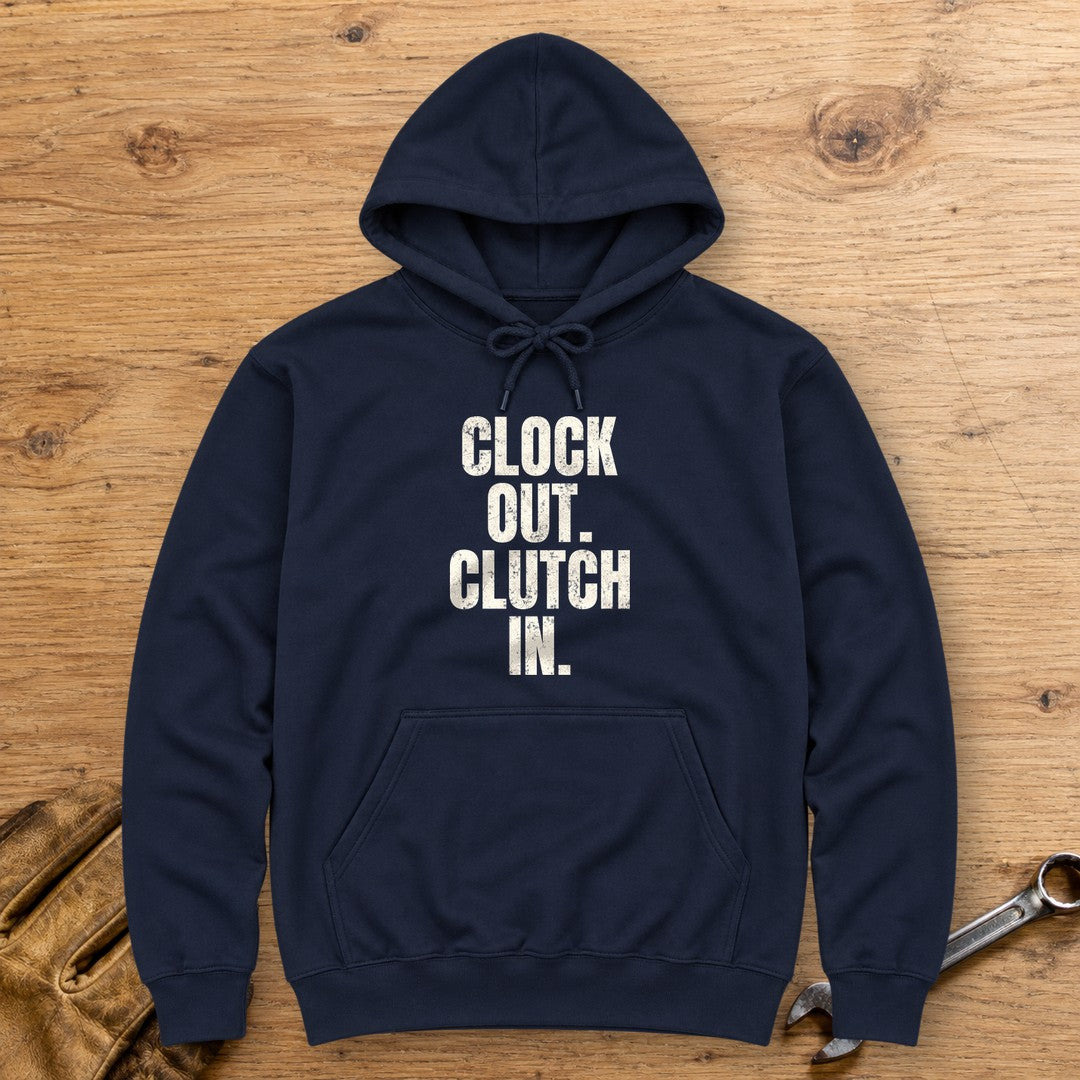 Clock Out Clutch In Hoodie - Navy - bench