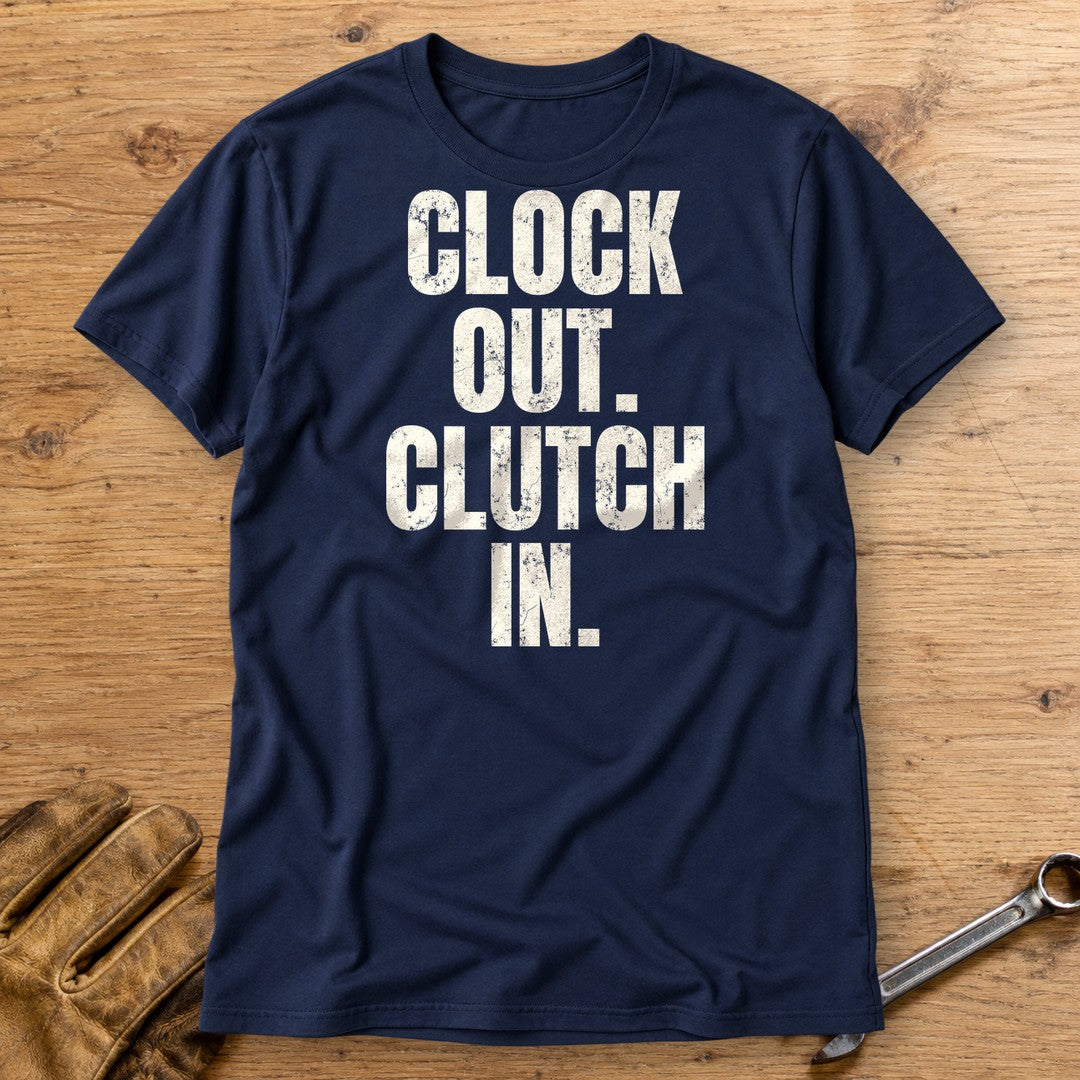 Clock Out Clutch In T-Shirt - Navy - bench