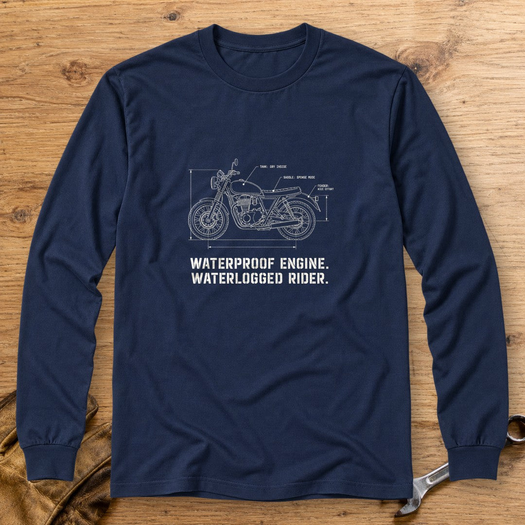 Waterproof Engine Blueprint Long Sleeve T-Shirt - Navy - bench