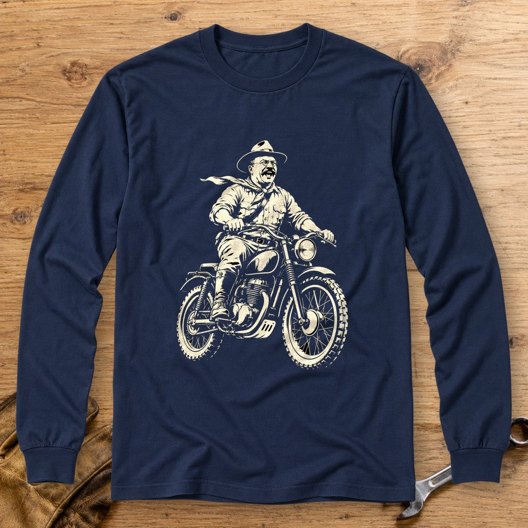 Theodore Roosevelt Laughing Scrambler Long Sleeve T-Shirt - Navy - bench