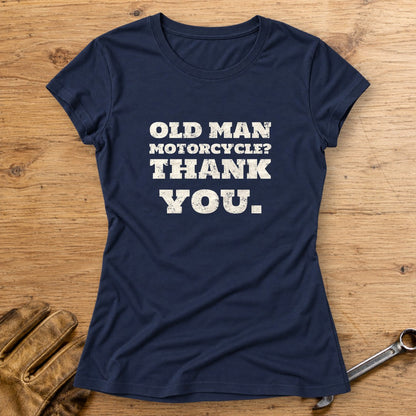 Old Man Motorcycle Women's T-Shirt - Navy - bench