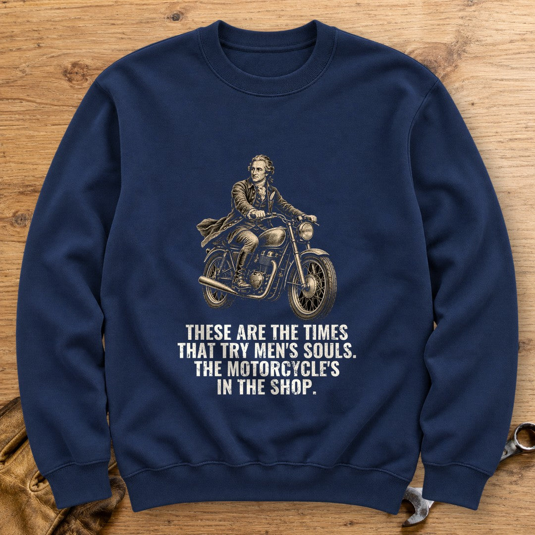 Thomas Paine Bike in the Shop Crewneck Sweatshirt - Navy - bench