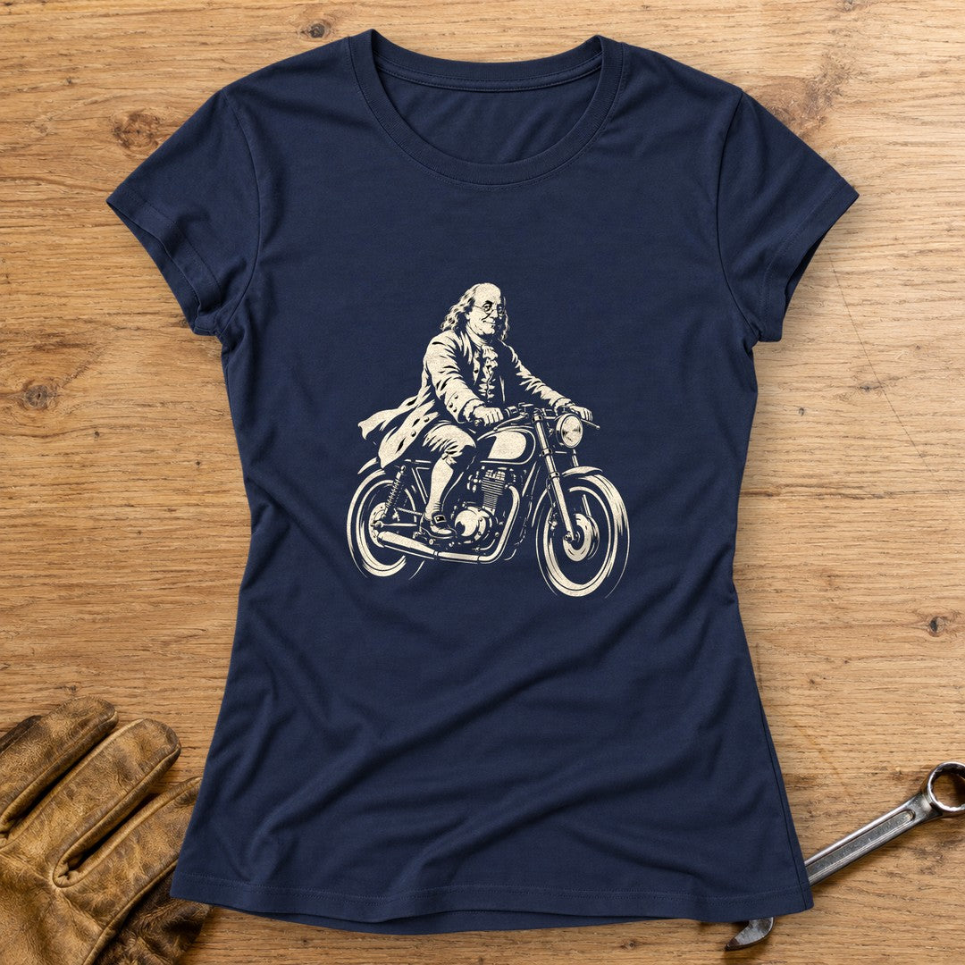 Benjamin Franklin Cafe Racer Women's T-Shirt - Navy - bench