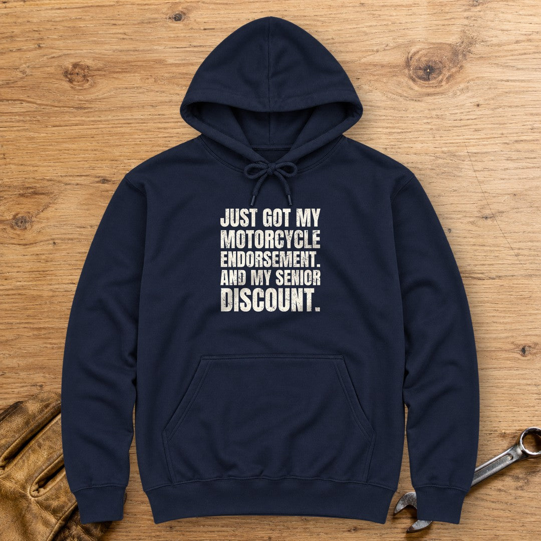 Senior Discount Rider Hoodie - Navy - bench