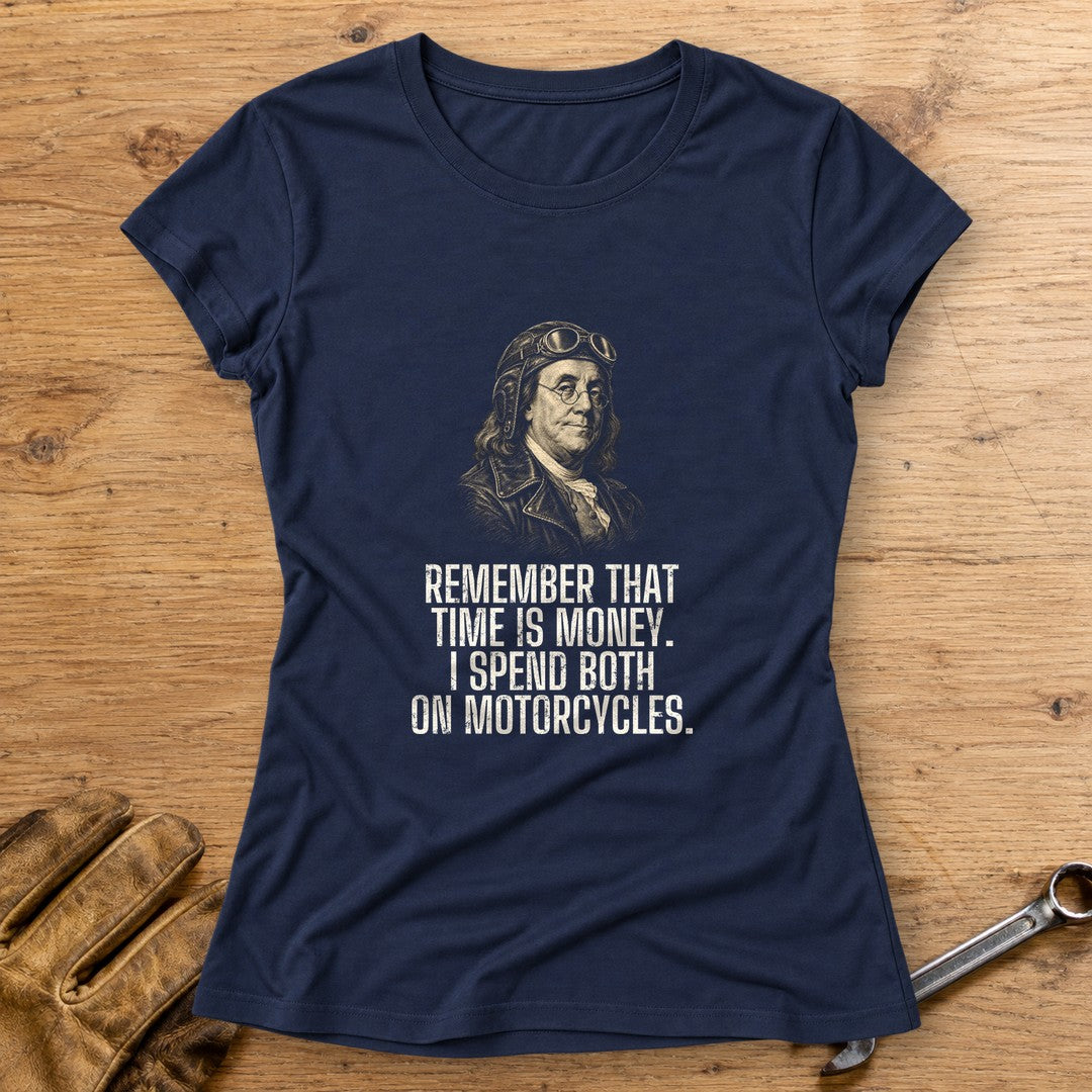 Benjamin Franklin Time Is Money Women's T-Shirt - Navy - bench