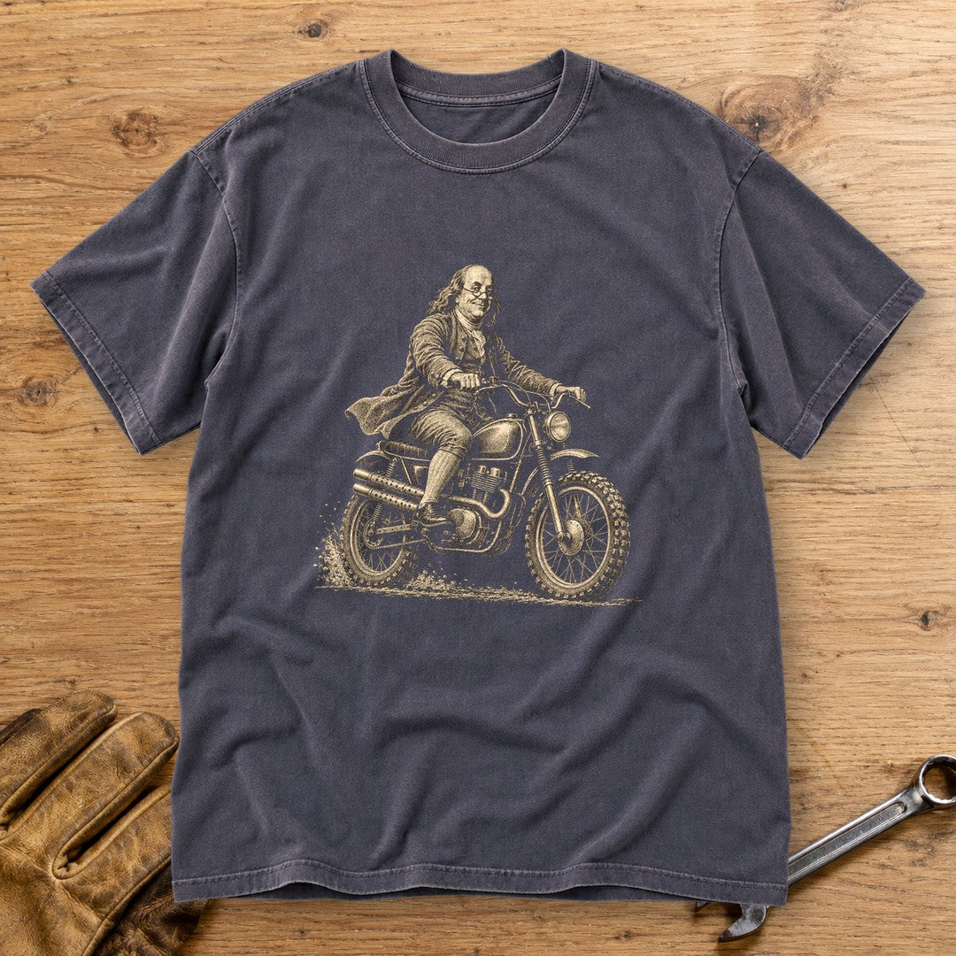 Benjamin Franklin on the Dirt Premium T-Shirt - Navy - bench