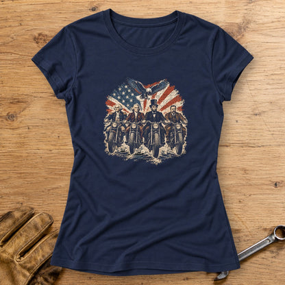 G. Washington, T. Jefferson, A. Lincoln & T. Roosevelt Ride Women's T-Shirt - Navy - bench