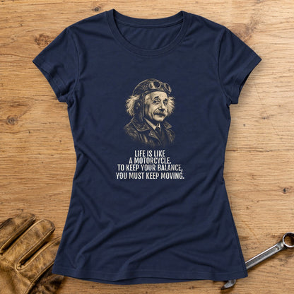 Albert Einstein Keep Moving Women's T-Shirt - Navy - bench