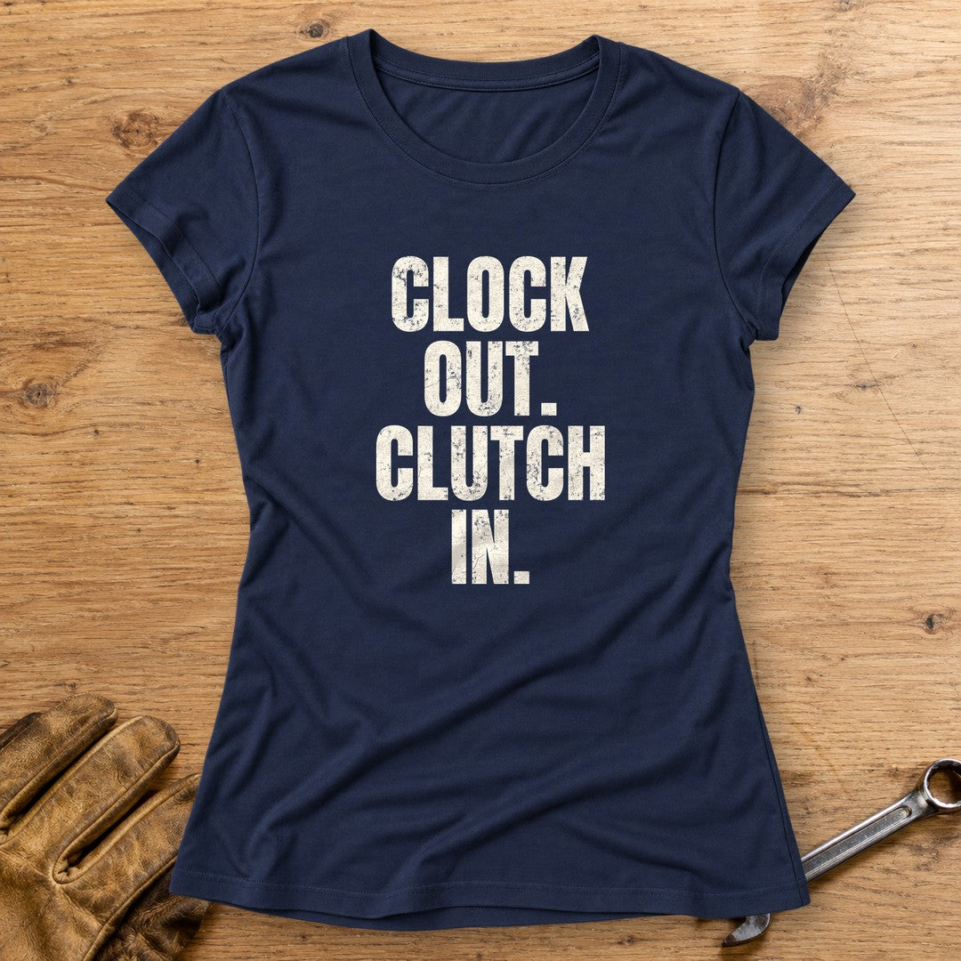 Clock Out Clutch In Women's T-Shirt - Navy - bench