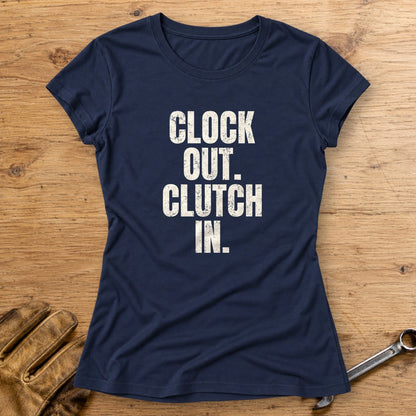 Clock Out Clutch In Women's T-Shirt - Navy - bench