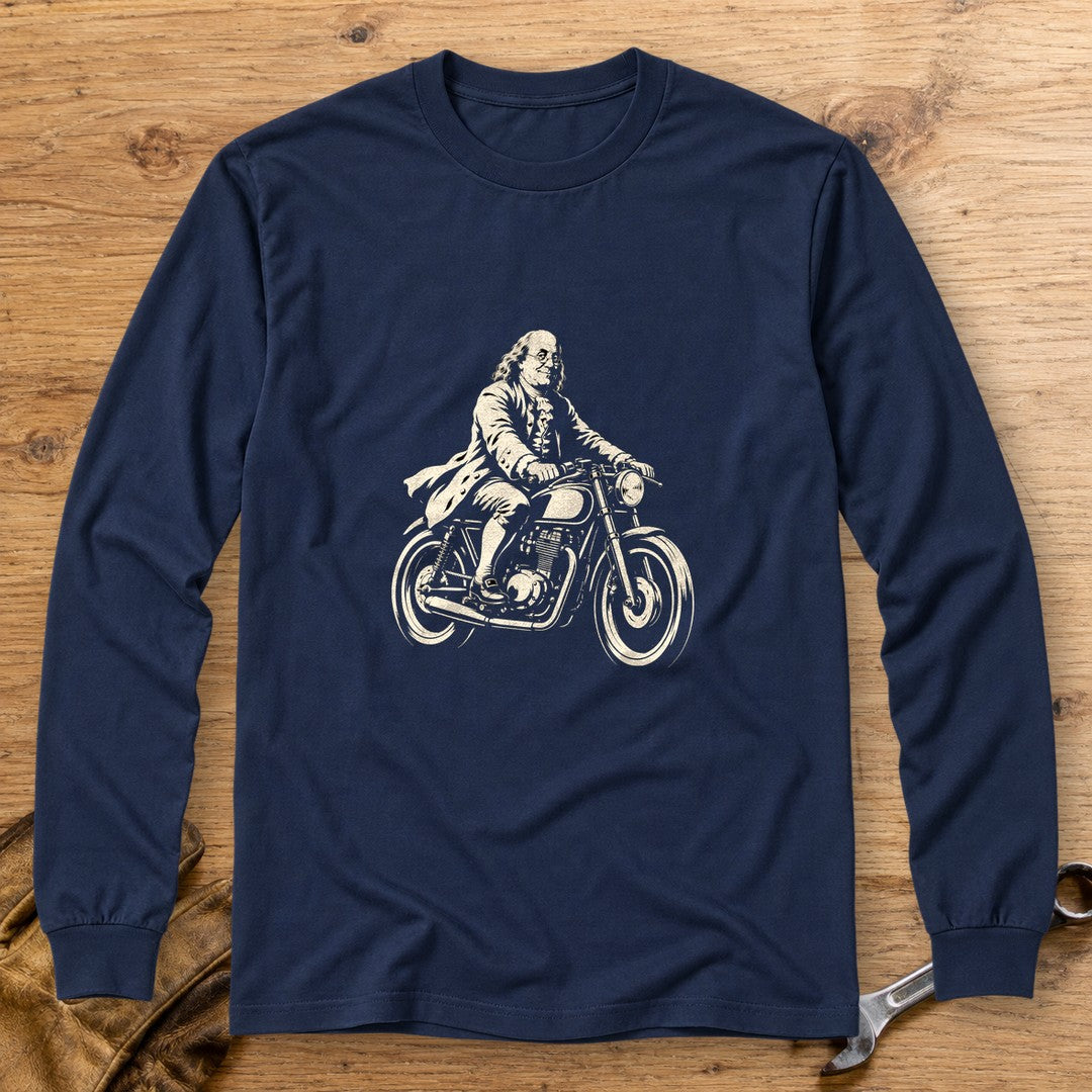 Benjamin Franklin Cafe Racer Long Sleeve T-Shirt - Navy - bench