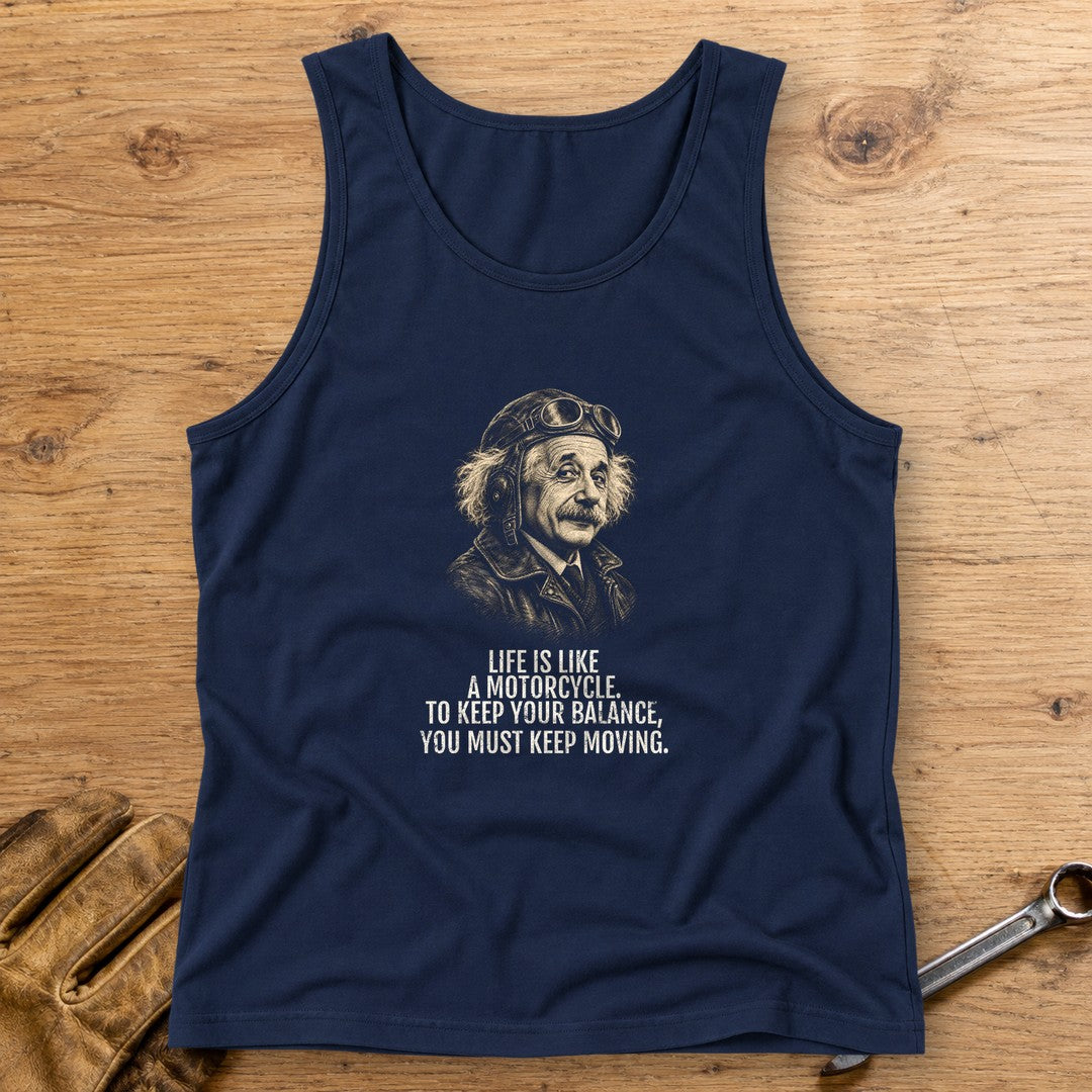 Albert Einstein Keep Moving Tank Top - Navy - bench