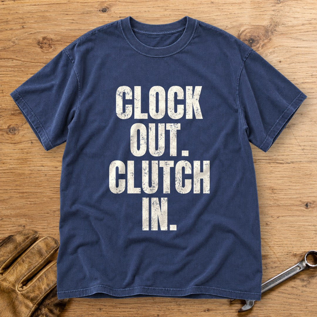 Clock Out Clutch In Premium T-Shirt - Navy - bench