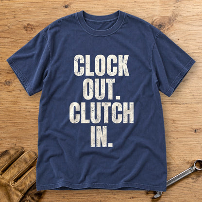 Clock Out Clutch In Premium T-Shirt - Navy - bench