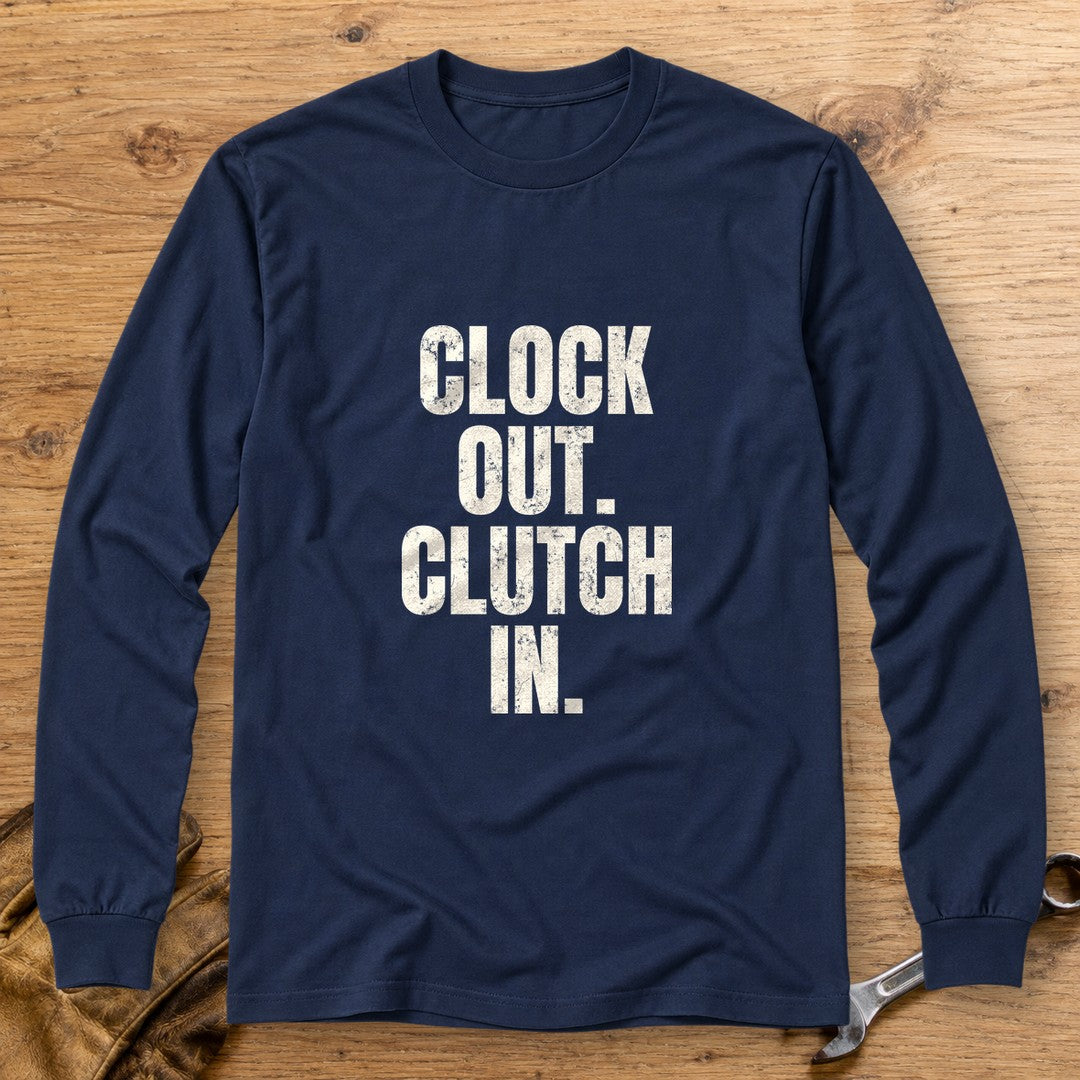 Clock Out Clutch In Long Sleeve T-Shirt - Navy - bench