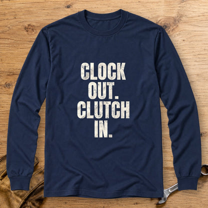Clock Out Clutch In Long Sleeve T-Shirt - Navy - bench