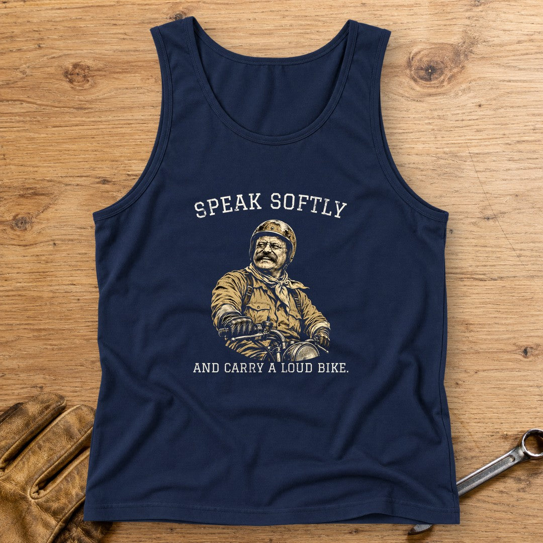 Theodore Roosevelt Speak Softly Loud Bike Tank Top - Navy - bench