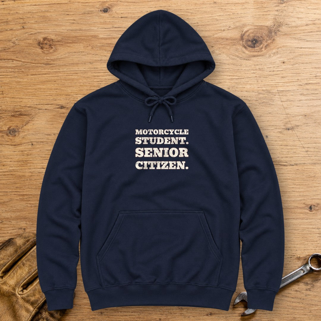 Motorcycle Student Hoodie - Navy - bench