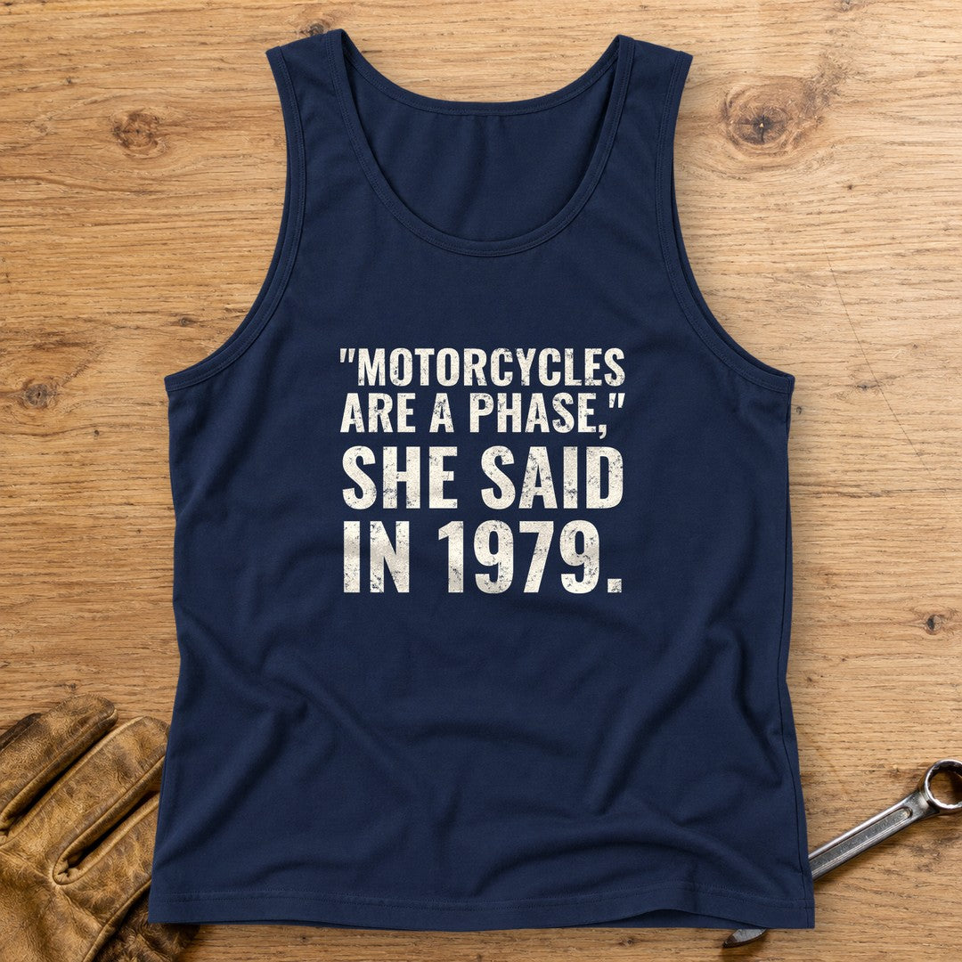 Motorcycles Are A Phase Tank Top - Navy - bench