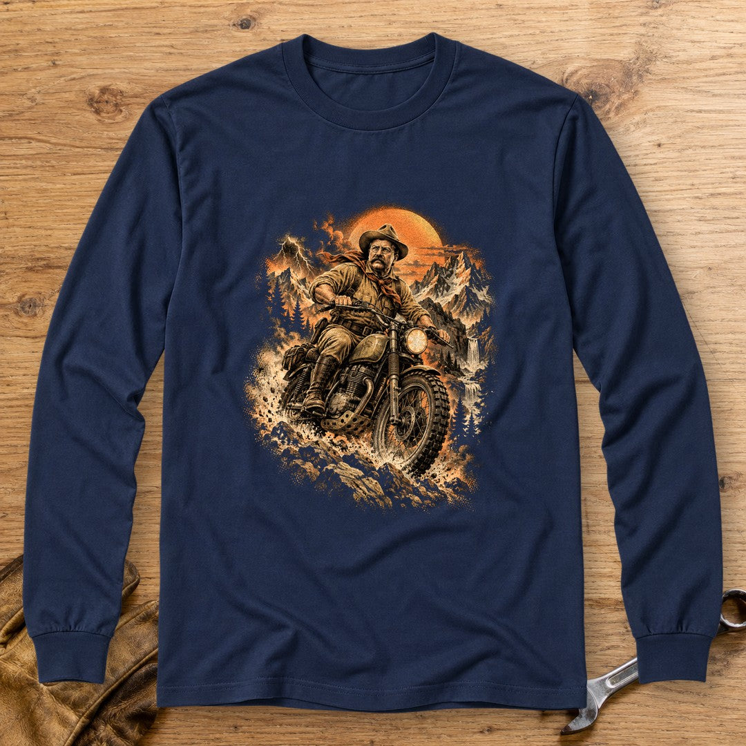 Theodore Roosevelt Mountain Trail Long Sleeve T-Shirt - Navy - bench
