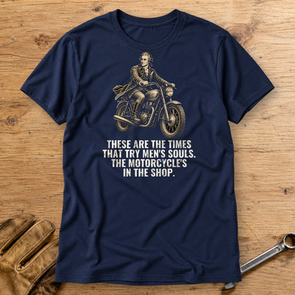 Thomas Paine Bike in the Shop T-Shirt - Navy - bench