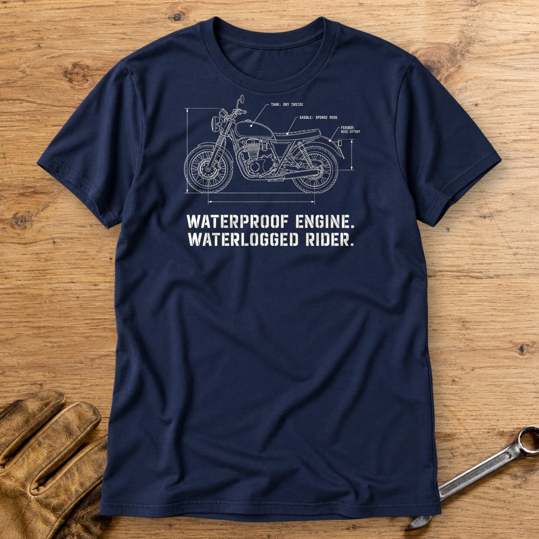 Waterproof Engine Blueprint T-Shirt - Navy - bench