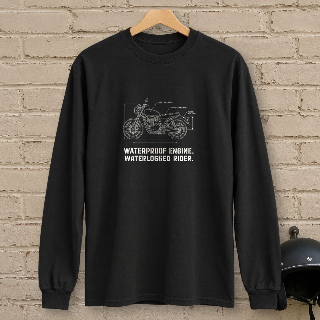 Waterproof Engine Blueprint Long Sleeve T-Shirt - Black - brick