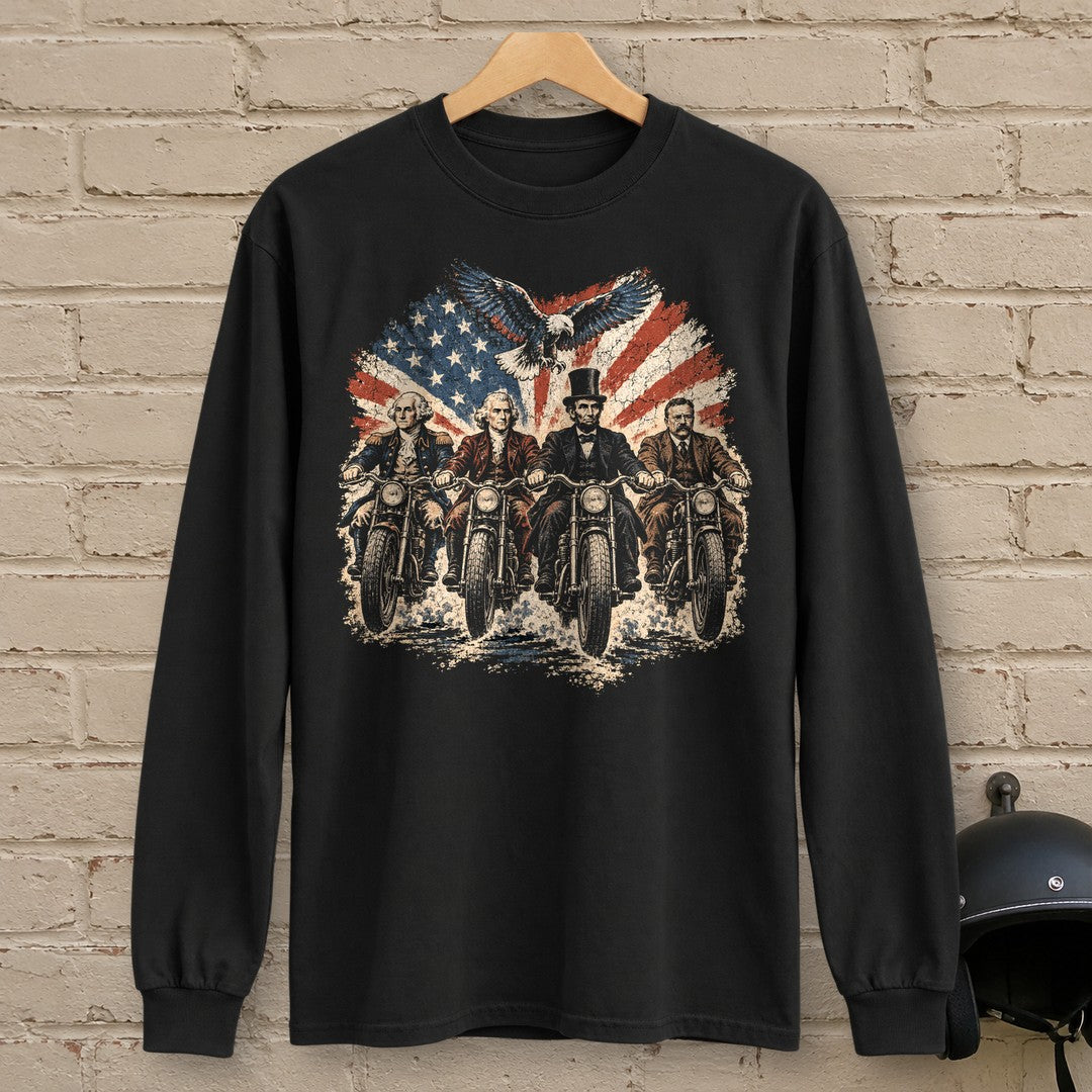 G. Washington, T. Jefferson, A. Lincoln & T. Roosevelt Ride Long Sleeve T-Shirt - Black - brick