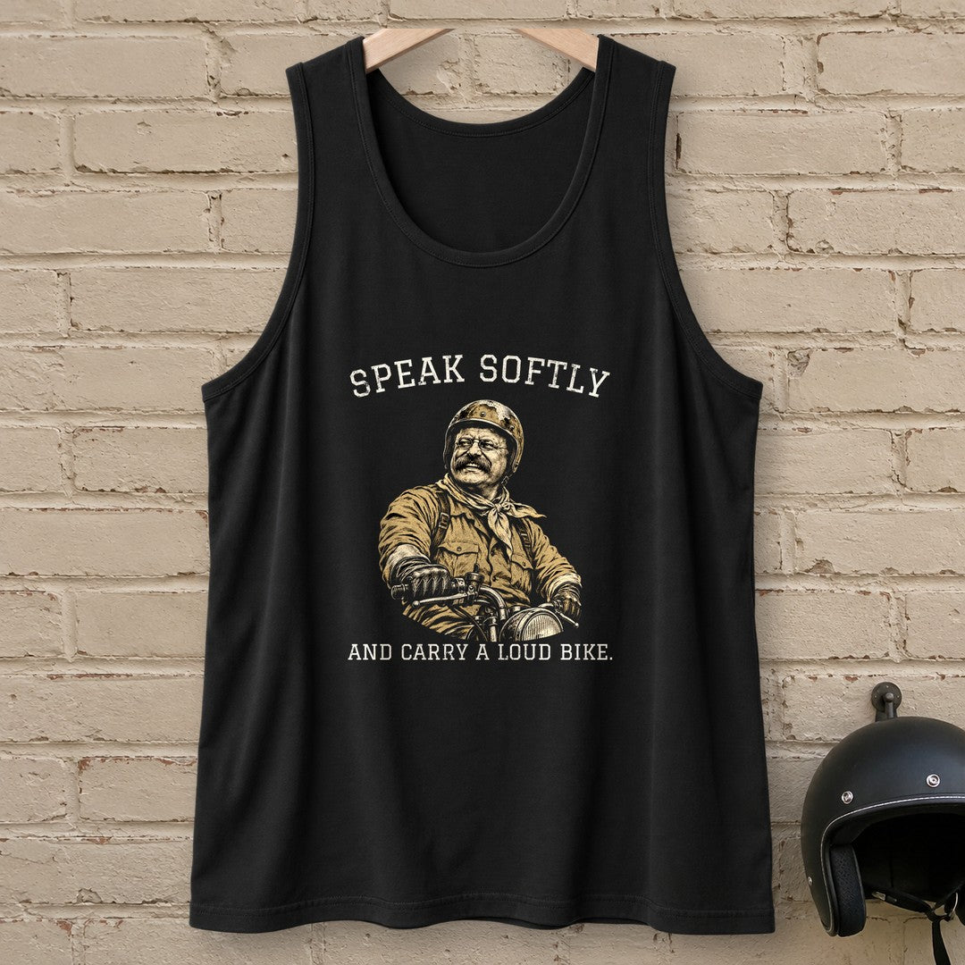 Theodore Roosevelt Speak Softly Loud Bike Tank Top - Black - brick