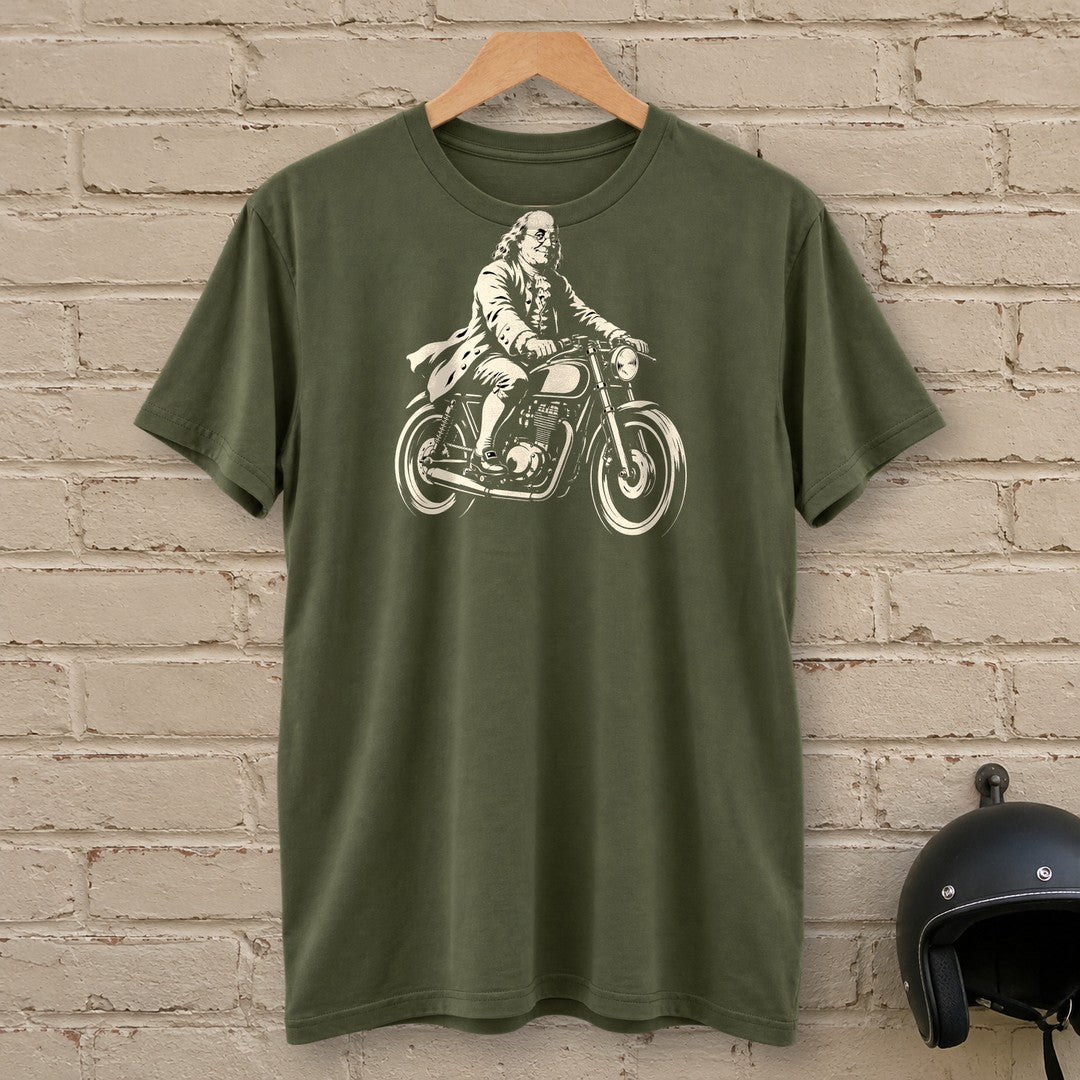 Benjamin Franklin Cafe Racer T-Shirt - Military Green - brick