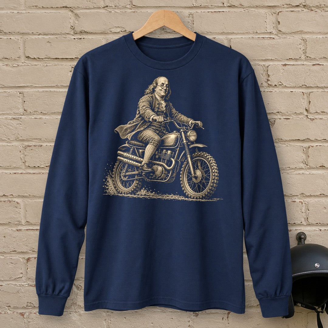 Benjamin Franklin on the Dirt Long Sleeve T-Shirt - Navy - brick