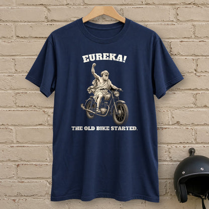 Archimedes Old Bike Started T-Shirt - Navy - brick