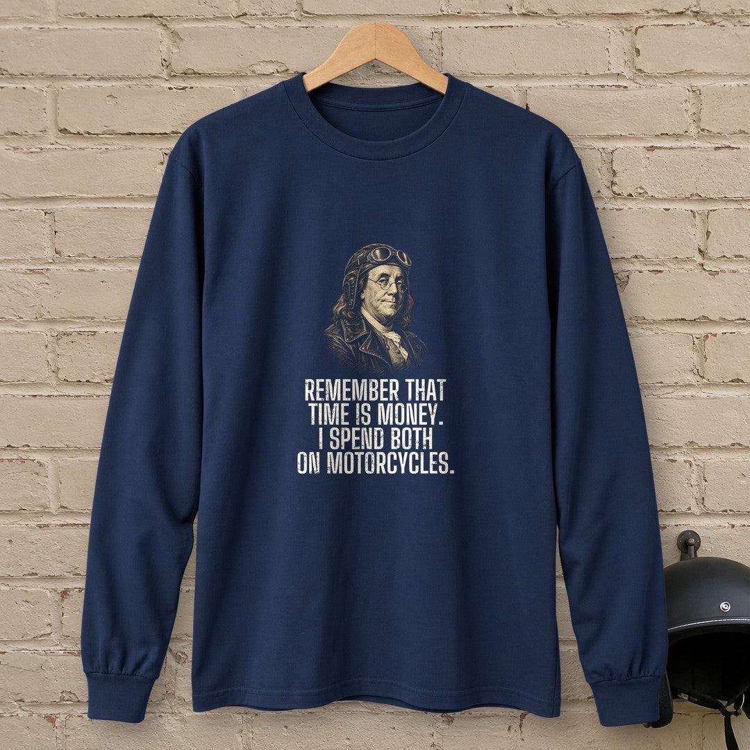 Benjamin Franklin Time Is Money Long Sleeve T-Shirt - Navy - brick
