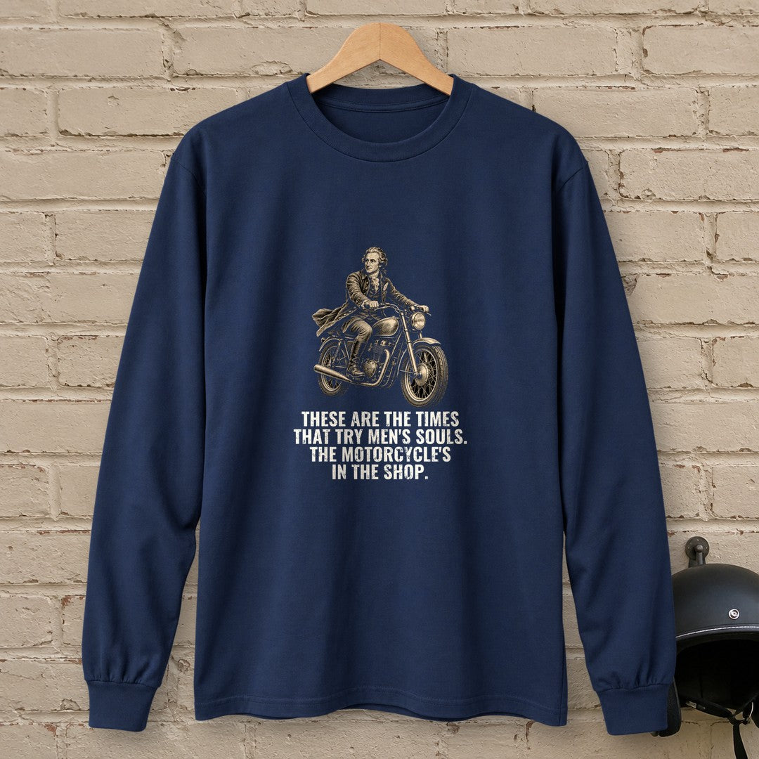 Thomas Paine Bike in the Shop Long Sleeve T-Shirt - Navy - brick
