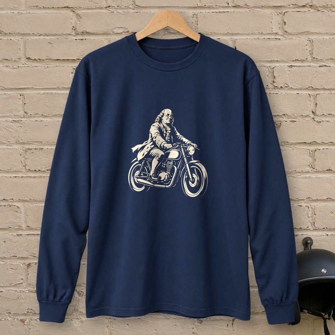 Benjamin Franklin Cafe Racer Long Sleeve T-Shirt - Navy - brick