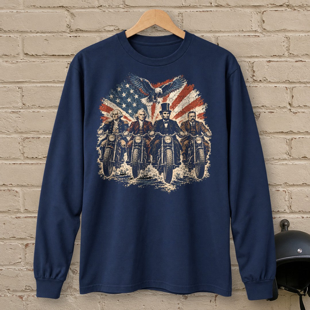 G. Washington, T. Jefferson, A. Lincoln & T. Roosevelt Ride Long Sleeve T-Shirt - Navy - brick