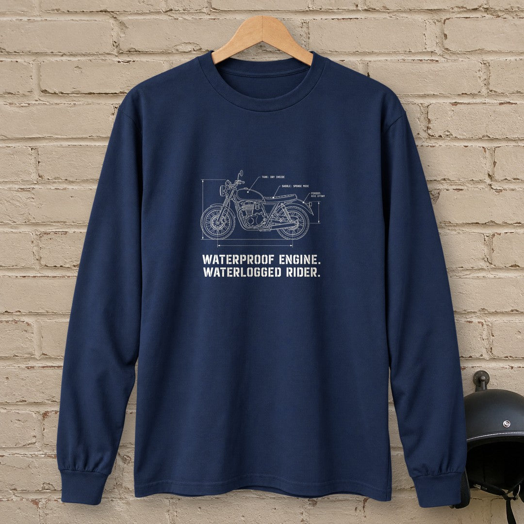 Waterproof Engine Blueprint Long Sleeve T-Shirt - Navy - brick