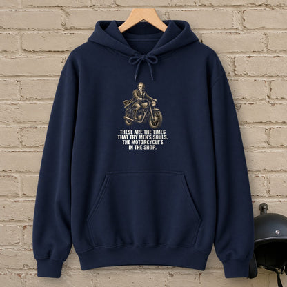 Thomas Paine Bike in the Shop Hoodie - Navy - brick