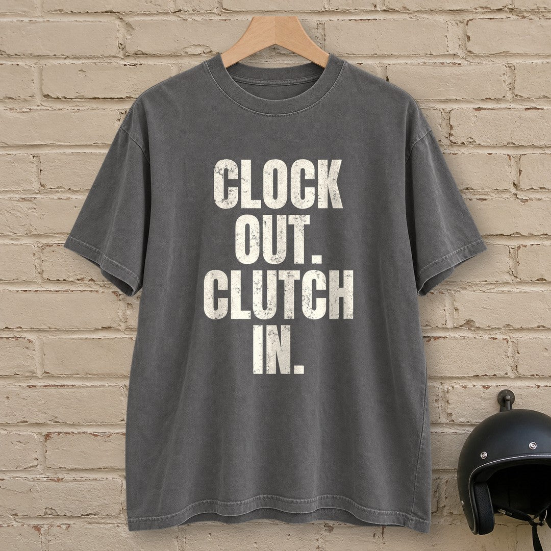 Clock Out Clutch In Premium T-Shirt - Pepper - brick