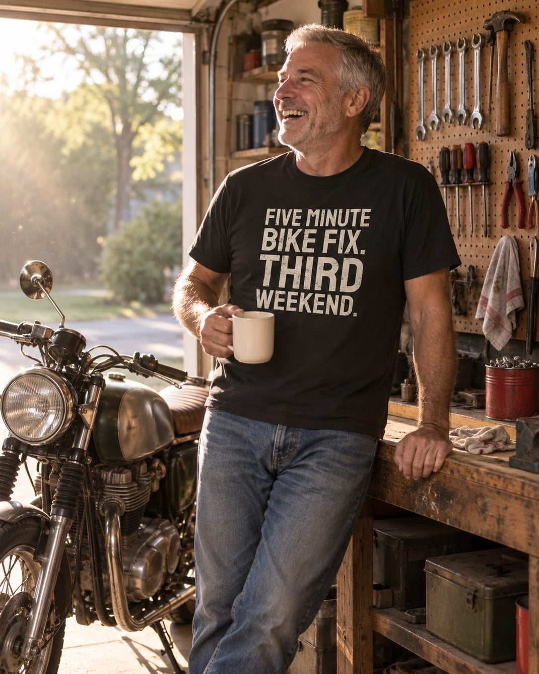 A rider laughing with a coffee mug in his home garage beside a classic motorcycle, wearing a black Five Minute Bike Fix tee
